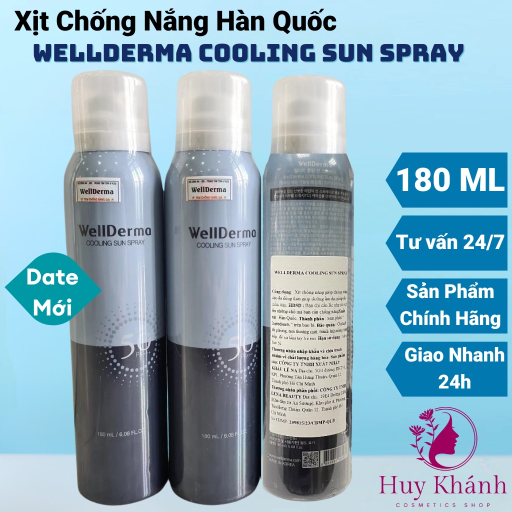 Xịt chống nắng nâng tone kiềm dầu trắng da mặt vật lý body toàn thân Wellderma sunscreen Cooling Spray spf50 mỹ phẩm nữ nam Hàn Quốc Sun Cream 180ml,kem chong nang trống chóng nắng xcn kcn phổ rộng da mụn đồ skincare trang điểm makeup-Huy Khánh Cosmetics