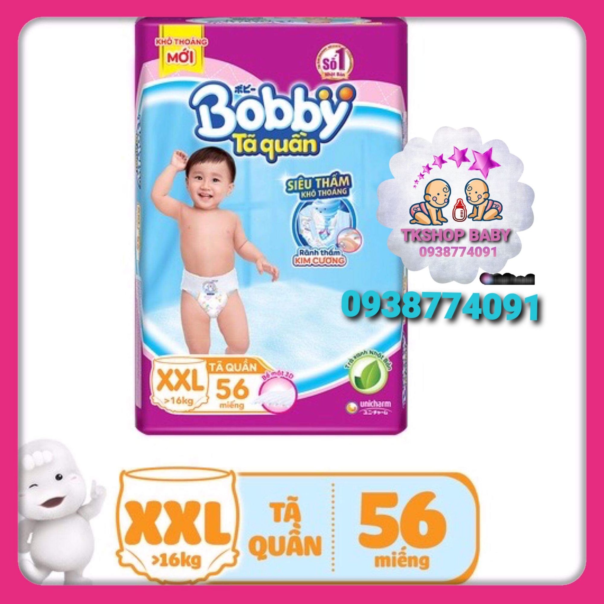 **tã quần siêu thoáng bobby size xxl 56 miếng