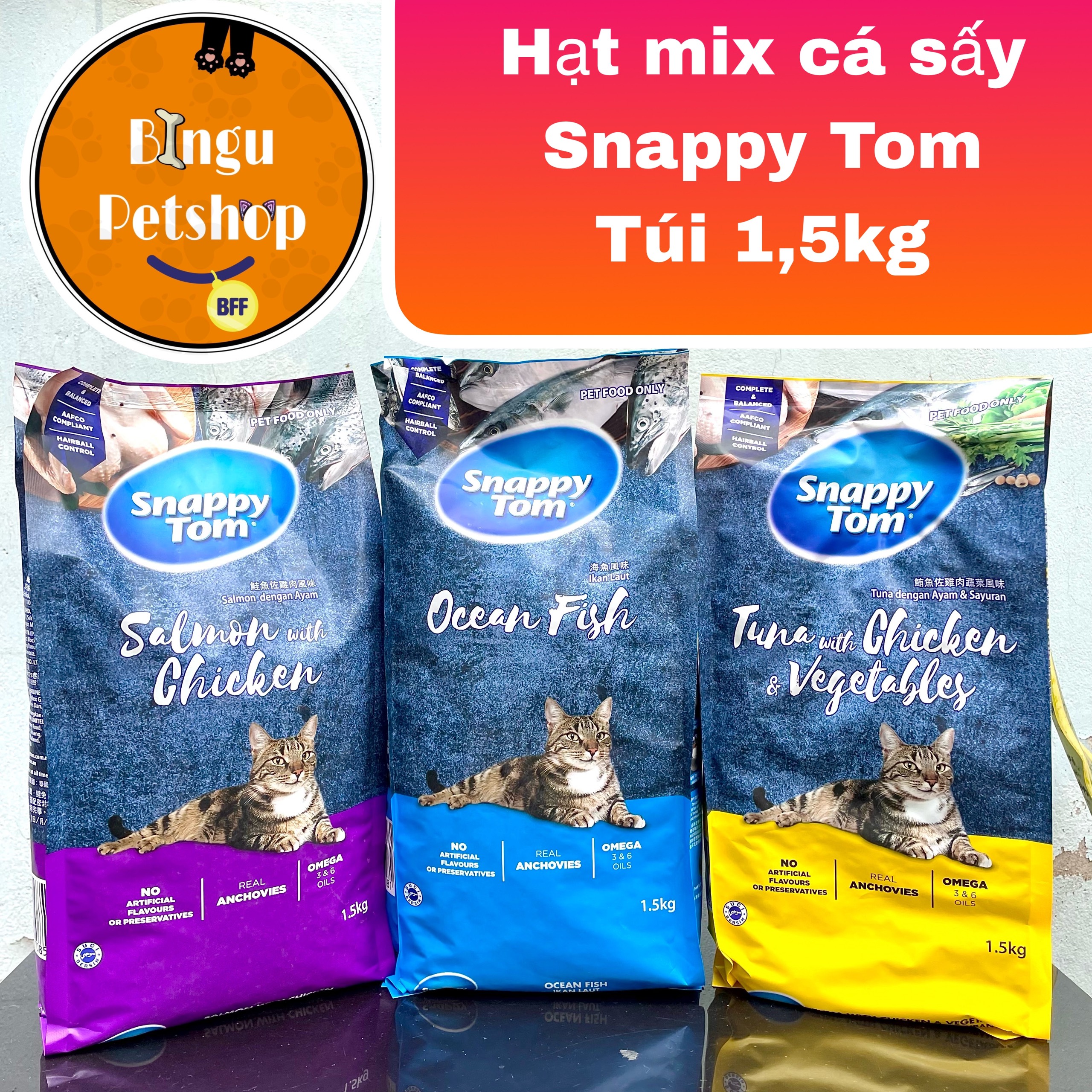 Thức ăn hạt cho mèo snappy tom mix cá sấy