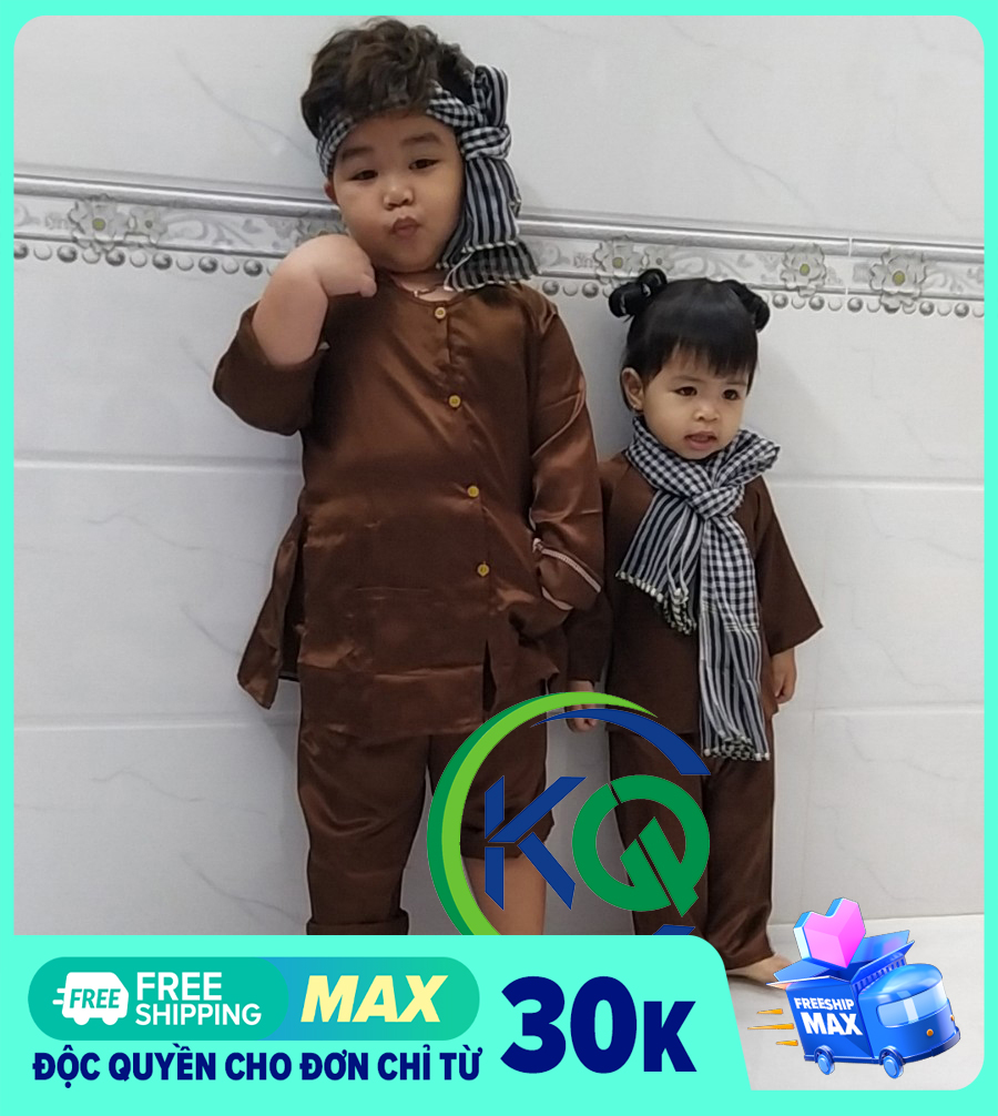 BỘ QUẦN ÁO BÀ BA NAM BỘ CHO BÉ từ 7 đến 30kg, TẶNG KHĂN RẰN - MÀU NÂU - VẢI PHI BÓNG