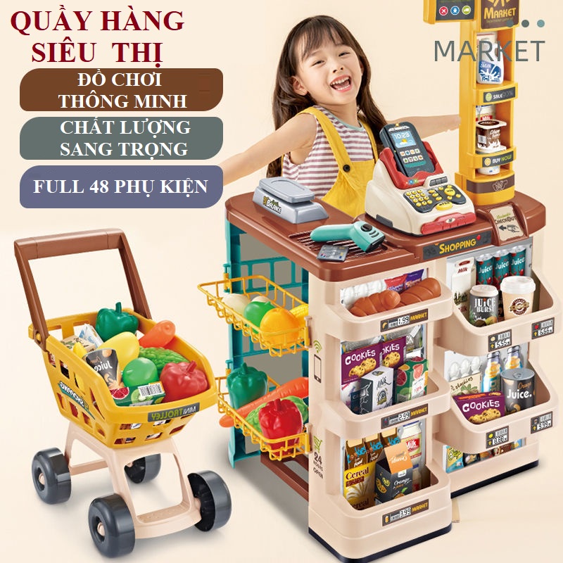 Đồ chơi quầy siêu thị kèm xe đẩy cho bé, đồ chơi bán hàng, quầy thanh toán FULL phụ kiện LOẠI TO CHUẨN