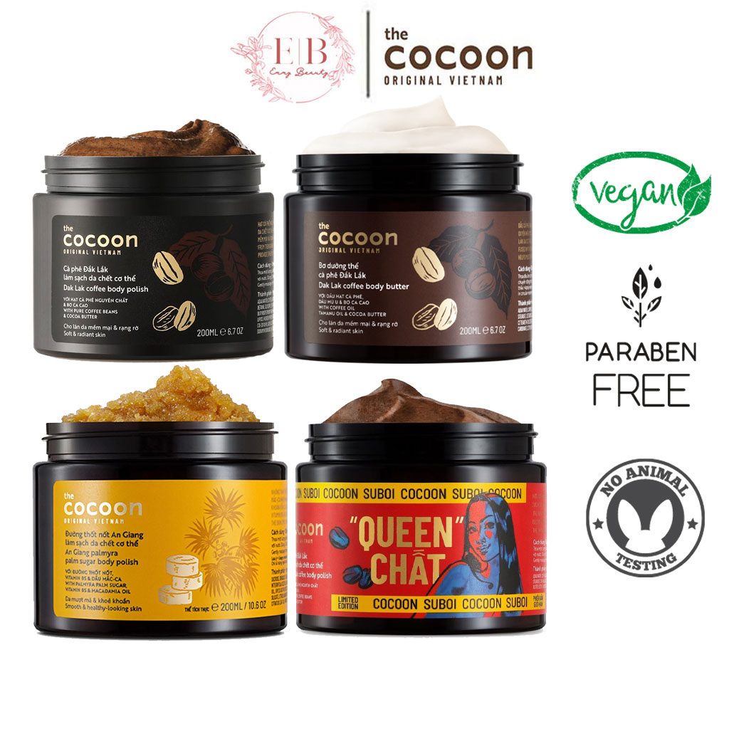 Tẩy da chết body cocoon - bơ dưỡng thể cà phê đắk lắk - đường thốt nốt cocoon 200ml