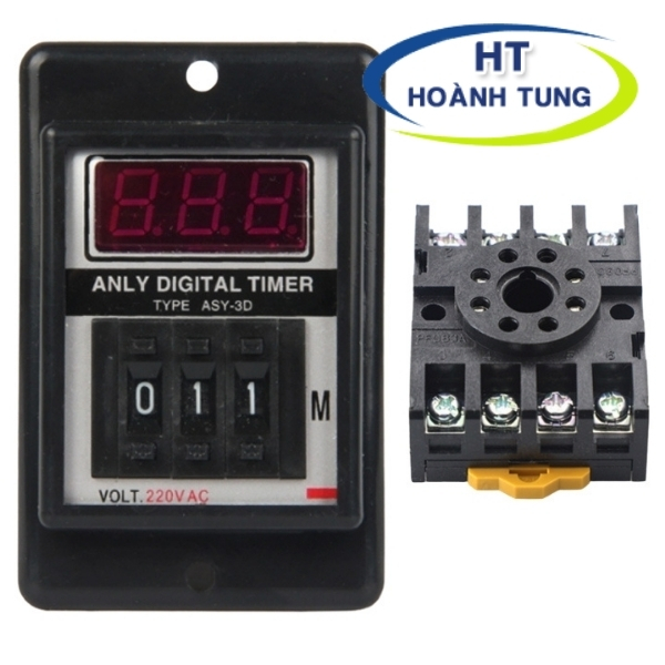 Timer điện tử ASY-3D rơ le thời gian có tai 8 chân tròn hiển thị số điện áp 220VAC kèm chân đế PF083A