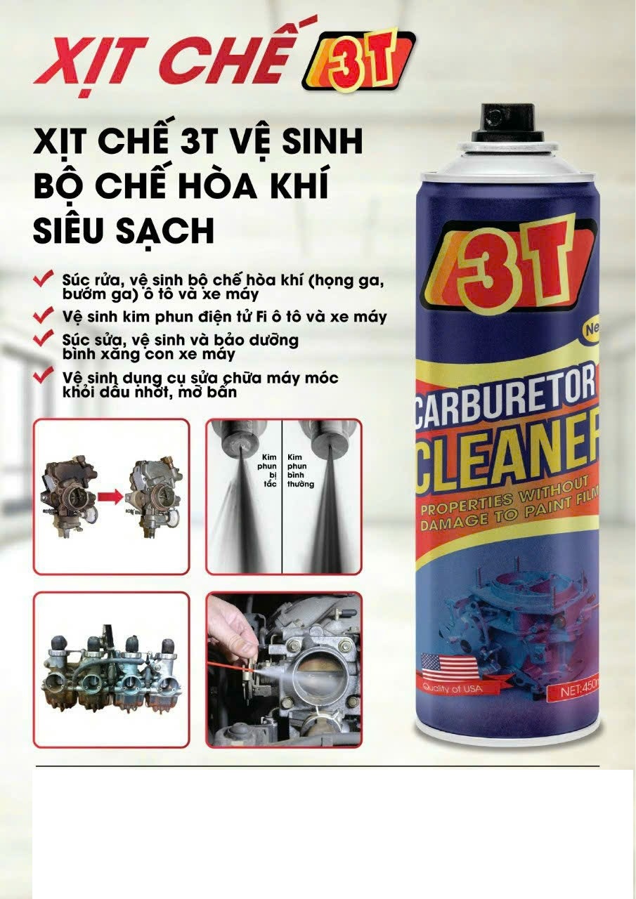 XỊT CHẾ HÒA KHÍ 3T - TẨY CẶN CACBON, VỆ SINH CHẾ HÒA KHÍ, VẾT Ố DẦU MỠ - 450ML