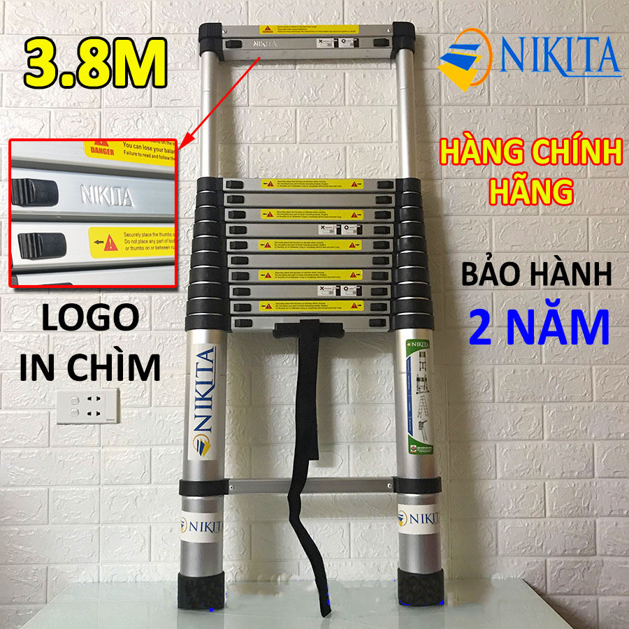 Thang nhôm rút xếp đơn 3.8M chính hãng Nikita Nhật Bản NKT-R38 (bảo hành 2 năm) có logo in chìm , HÀNG CHÍNH HÃNG