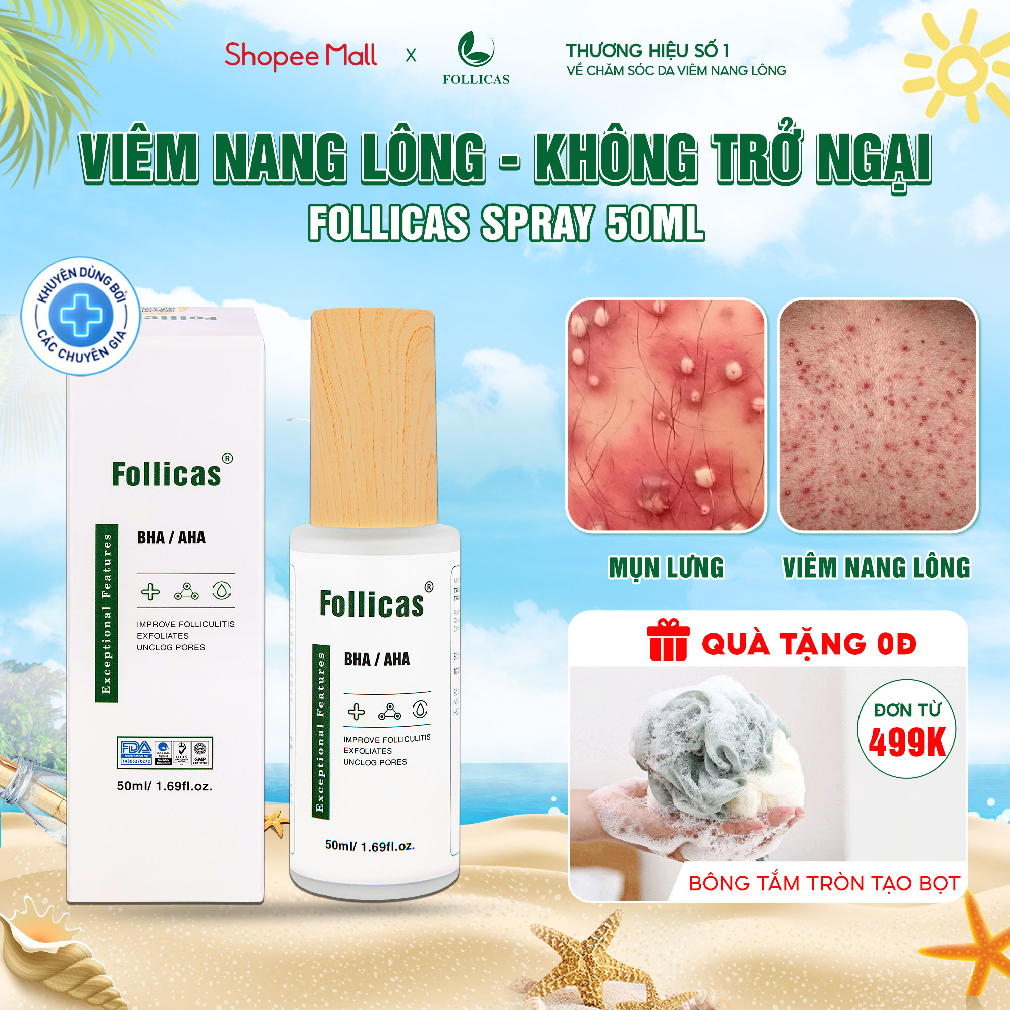 Xịt viêm nang lông follicas cải thiện viêm lỗ chân lông và mụn lưng, làm sáng da mờ thâm 50ml
