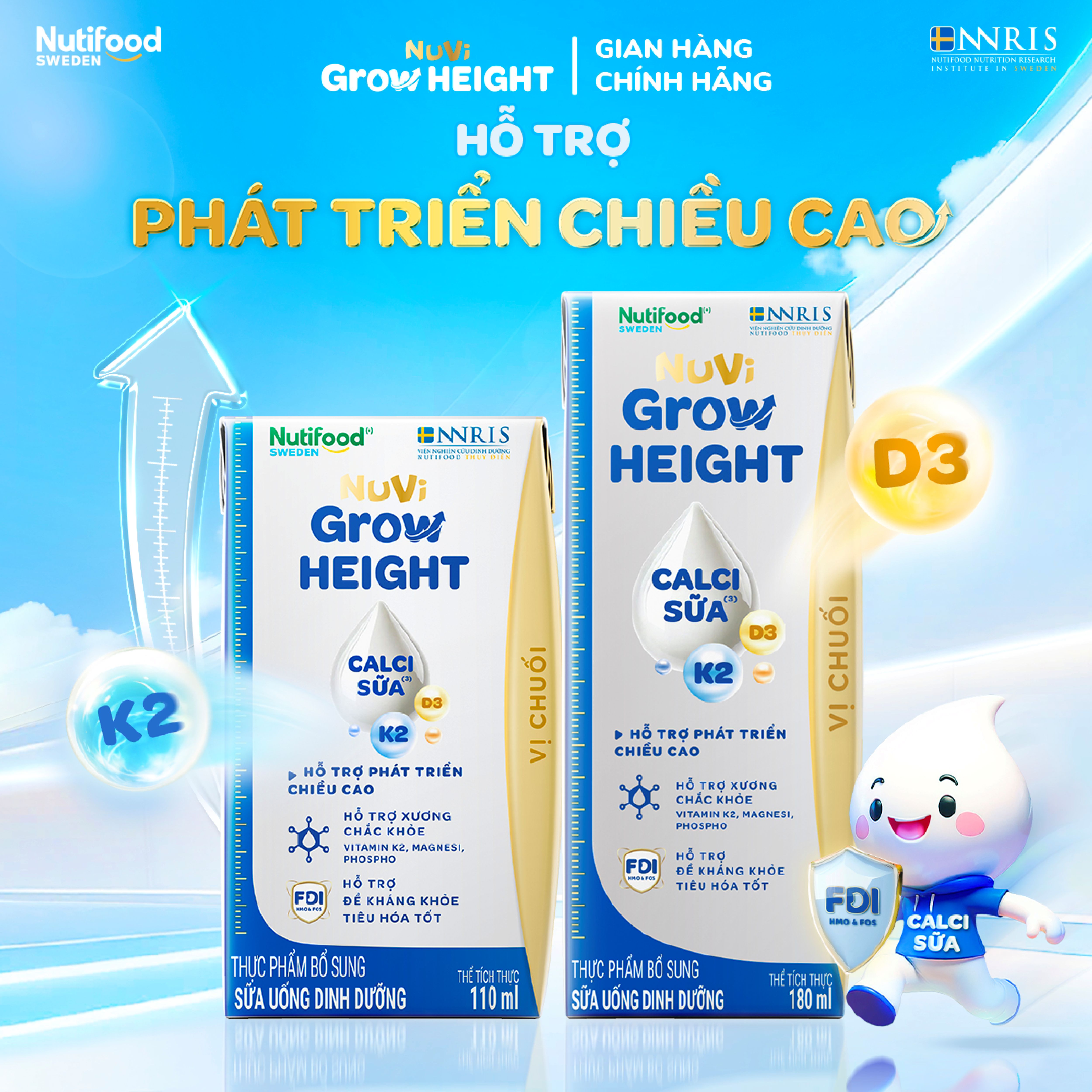 Thùng 24 hộp Sữa Nước Pha Sẵn Nuvi Grow Height vị chuối + hỗ trợ phát triển chiều cao hộp 110ml - Trên 1 tuổi