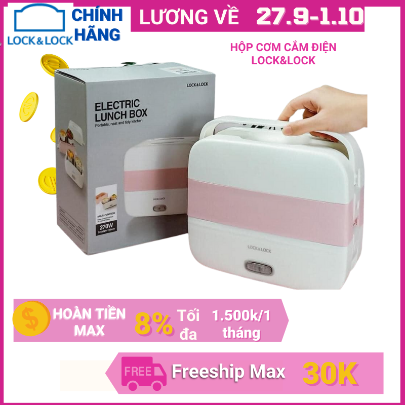 Hộp cơm điện lock&lock 1.7l ejr236wht gồm 4 hộp thưc ăn inox 304 có quai xách
