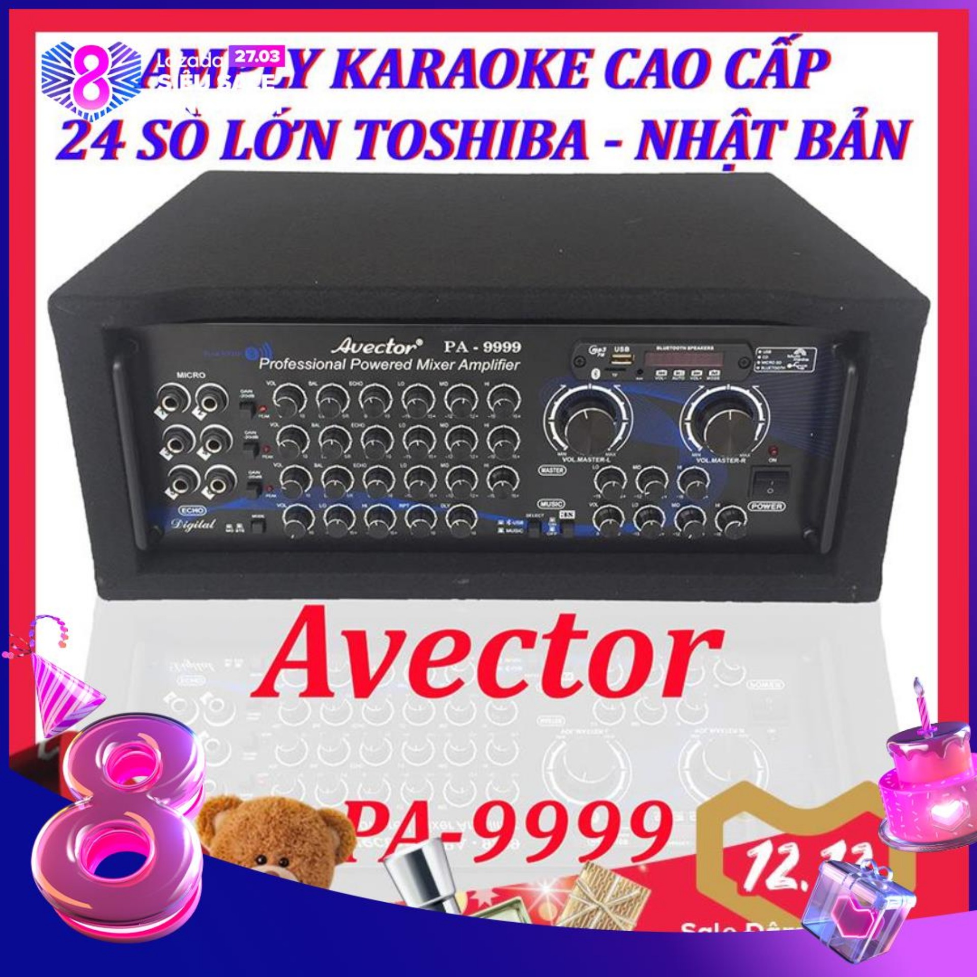 [Trả góp 0%]Amply karaoke gia đình - Amply bluetooth - amply sân khấu - amply nghe nhạc cao cấp công suất lớn Avector PA-9999 24 Sò toshiba nhật bản chính hãng