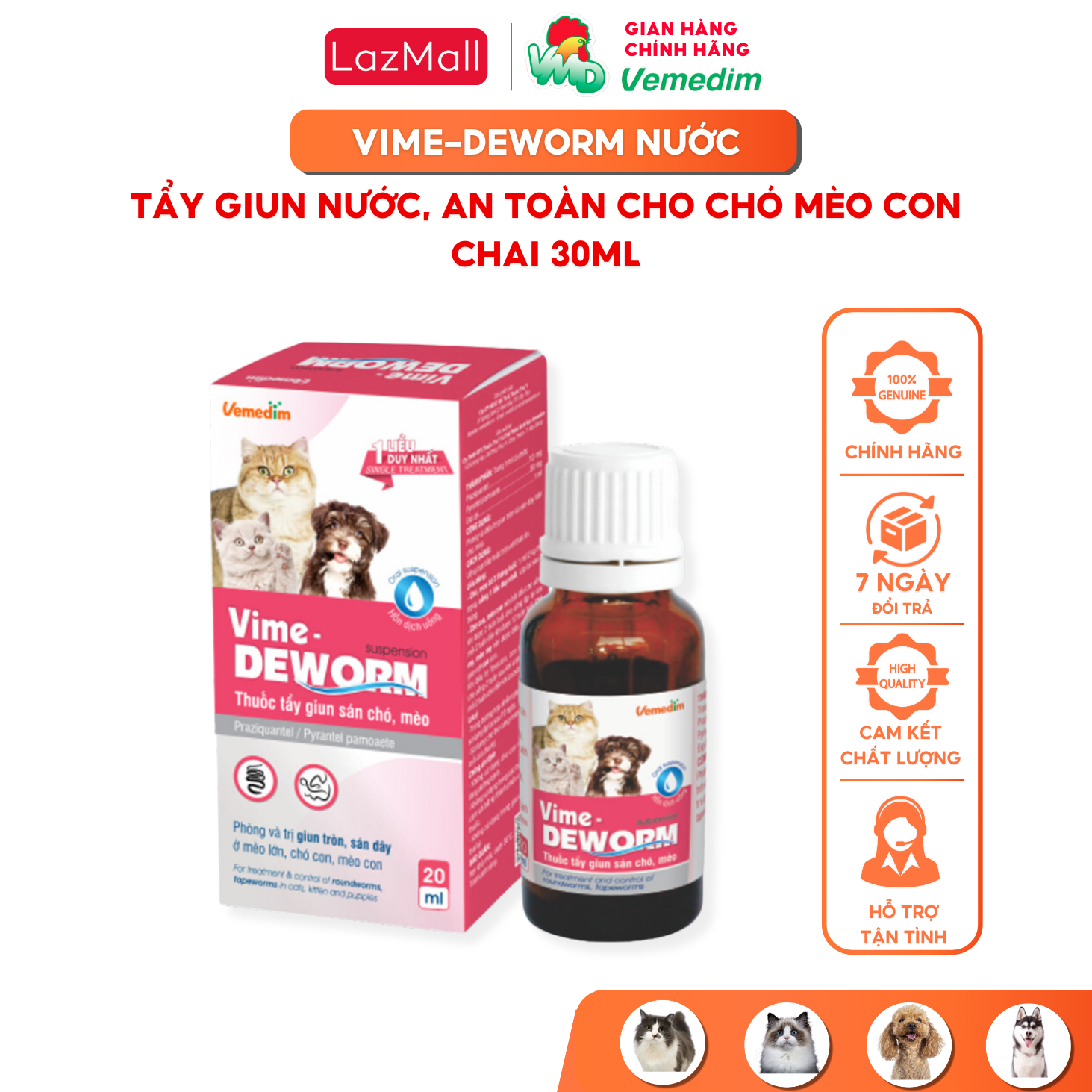  Vemedim Vime-Deworm nước uống tẩy giun sán cho chó mèo an toàn cho chó con và mèo con chai 20ml 
