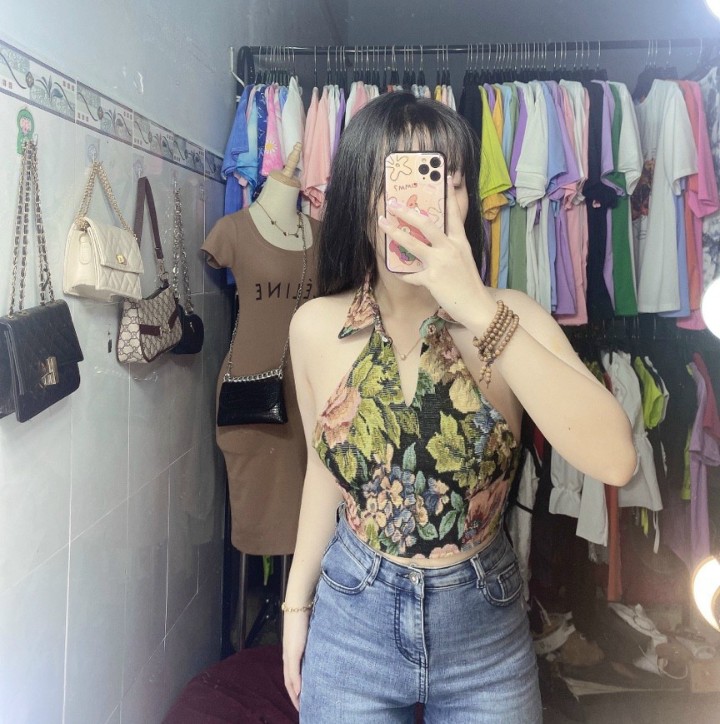 Áo thổ cẩm kiểu yếm croptop cổ trụ đan dây sau lưng chất vải bố Cam kết Hàng Y Hình kèm ảnh thật chính chủ ( Free size từ 40-53kg)