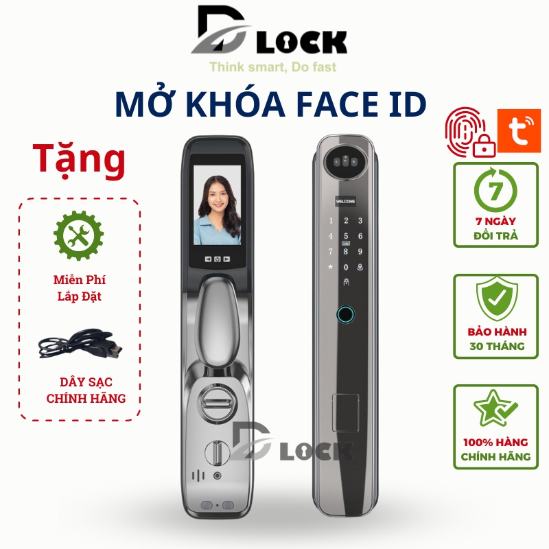 Khóa vân tay điện tử thông minh nhận diện khuôn mặt face id dùng app tuya cửa gỗ nhiều tính năng chính hãng dillock dlr1, khóa thông minh cửa gỗ