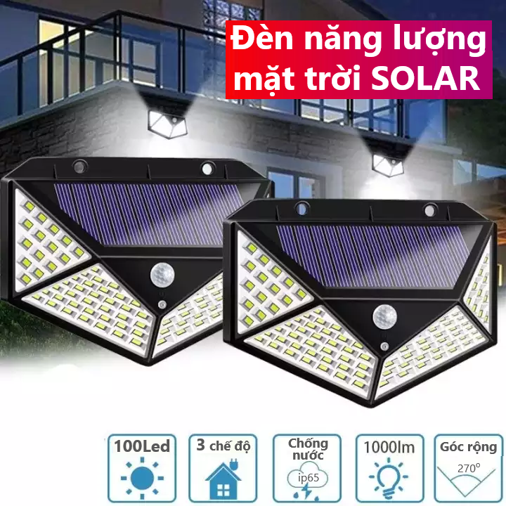 Đèn chống trộm năng lượng mặt trời cảm biến chuyển động 100 bóng Led, Chống nước tiêu chuẩn IP65