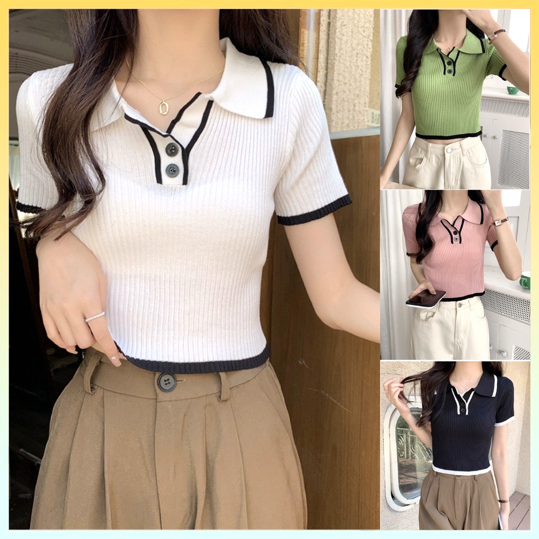 Áo len thun montoghi dệt kim viền đen cổ phối nút dáng vừa xinh xắn - l2m