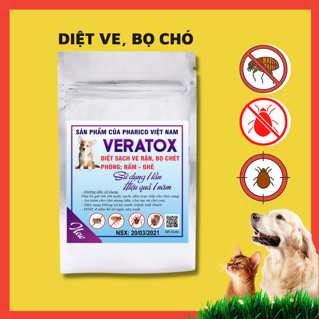 Thuốc diệt ve rận, bọ chét chó mèo VERATOX, thuốc tắm an toàn trị sạch hoàn toàn sau 1 lần sử dụng, hiệu quả 1 năm