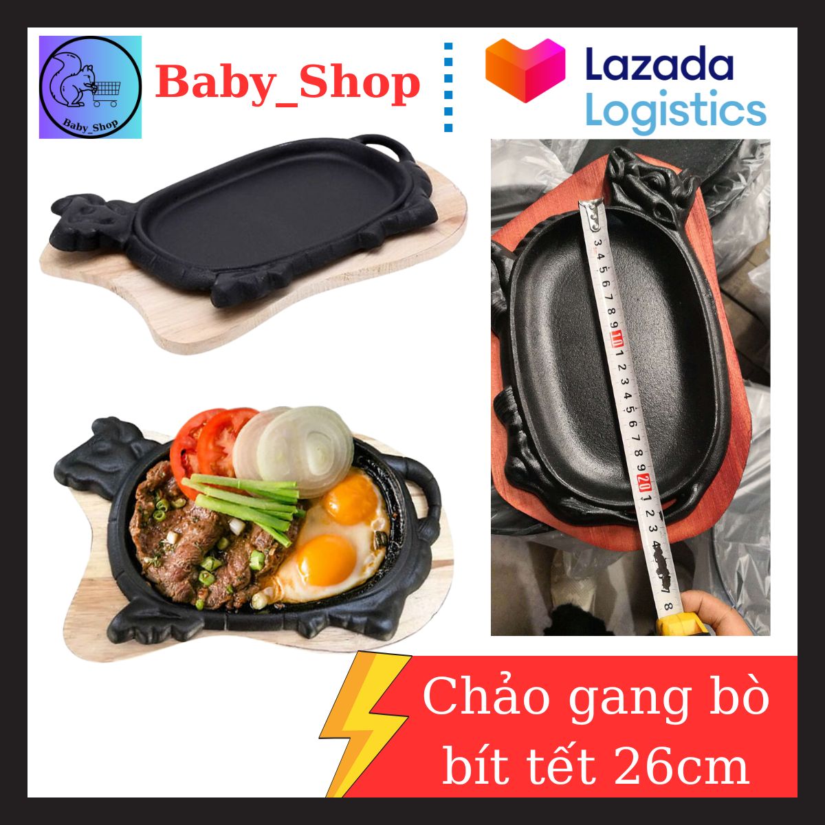Chảo gang bò né , khay gang chống dính làm beefsteak kèm đế gỗ chảo gang bò né chảo gang bánh xèo chống dính