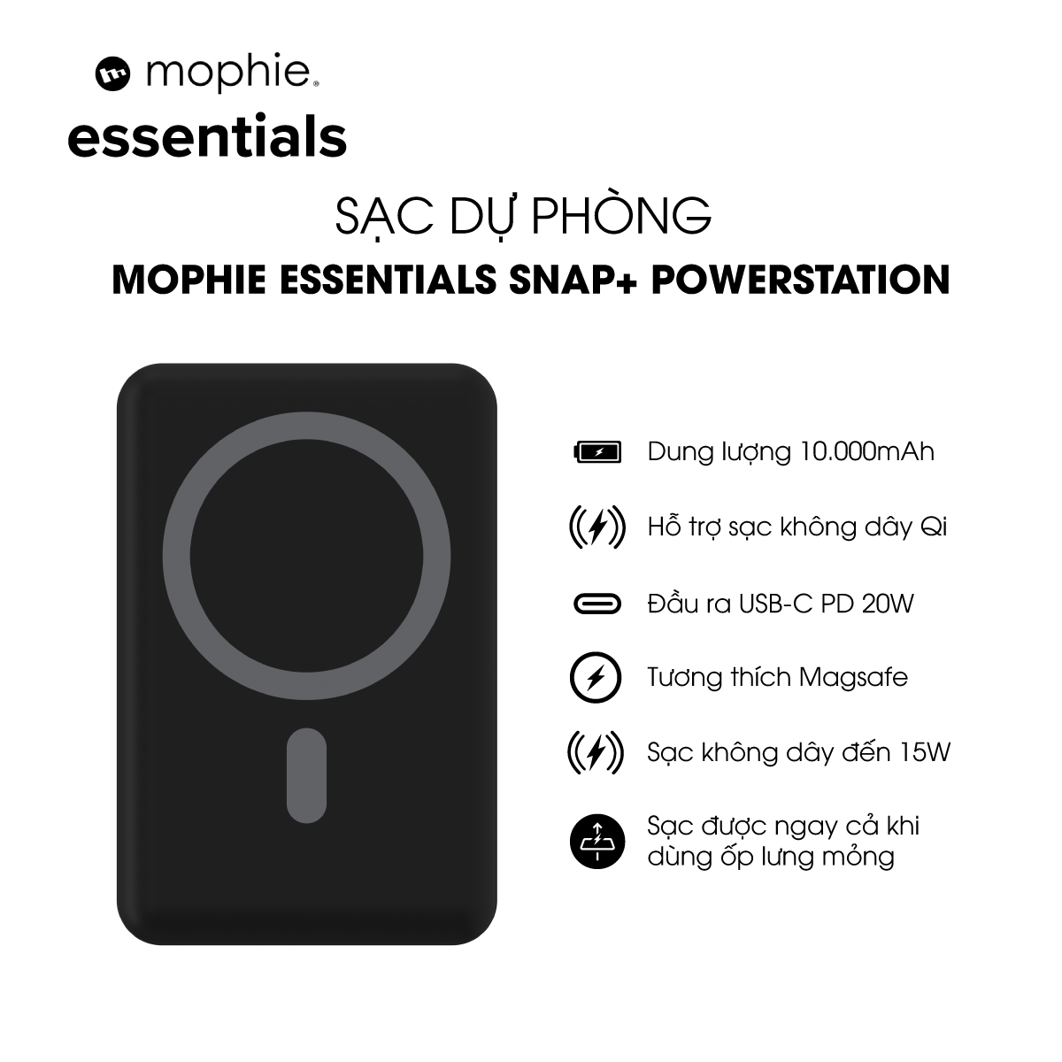 Sạc dự phòng mophie Essentials Snap+ powerstation 10,000mAh - Bảo hành 2 năm 1 đổi 1 - Hàng chính hãng