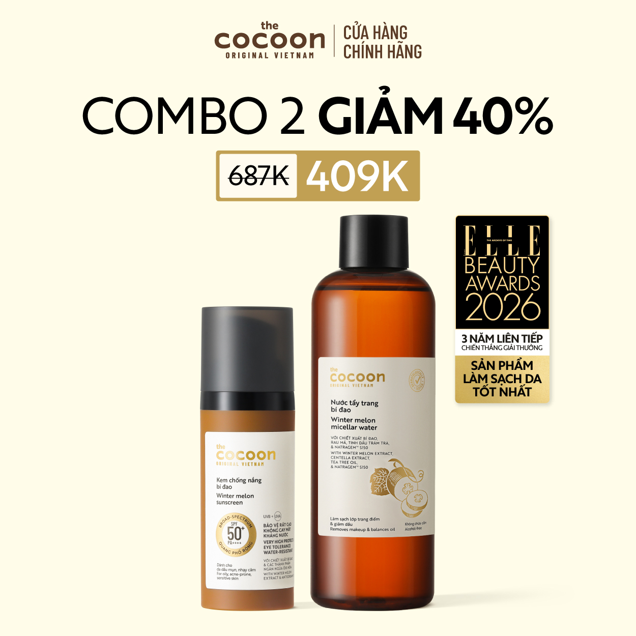 COMBO 1 Kem chống nắng bí đao 50ml và  Bigsize Nước tẩy trang bí đao Cocoon 500ml