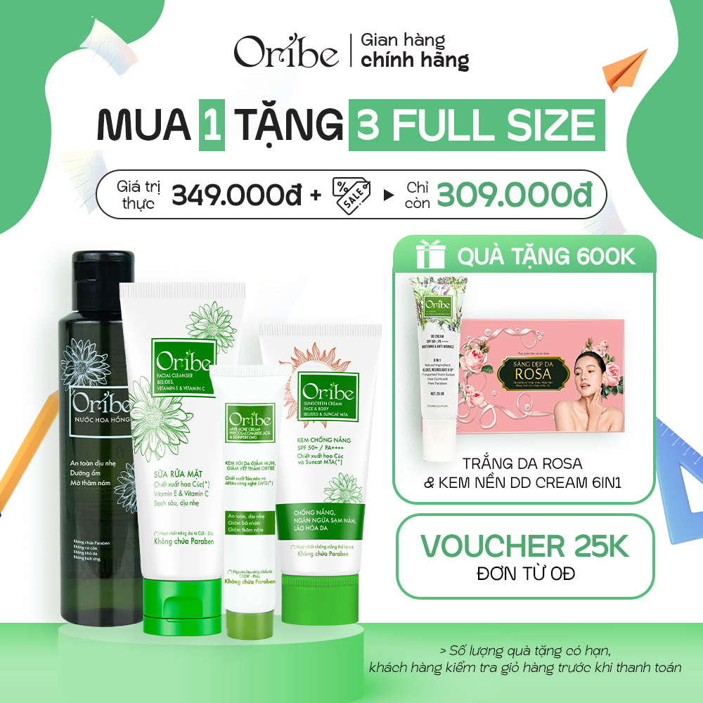Combo Chăm Sóc Da Hằng Ngày Oribe 4 Món (SRM Oribe 100g + Toner Hoa Cúc 150ml + Kem Mụn 20g + Kem Chống Nắng 30g)