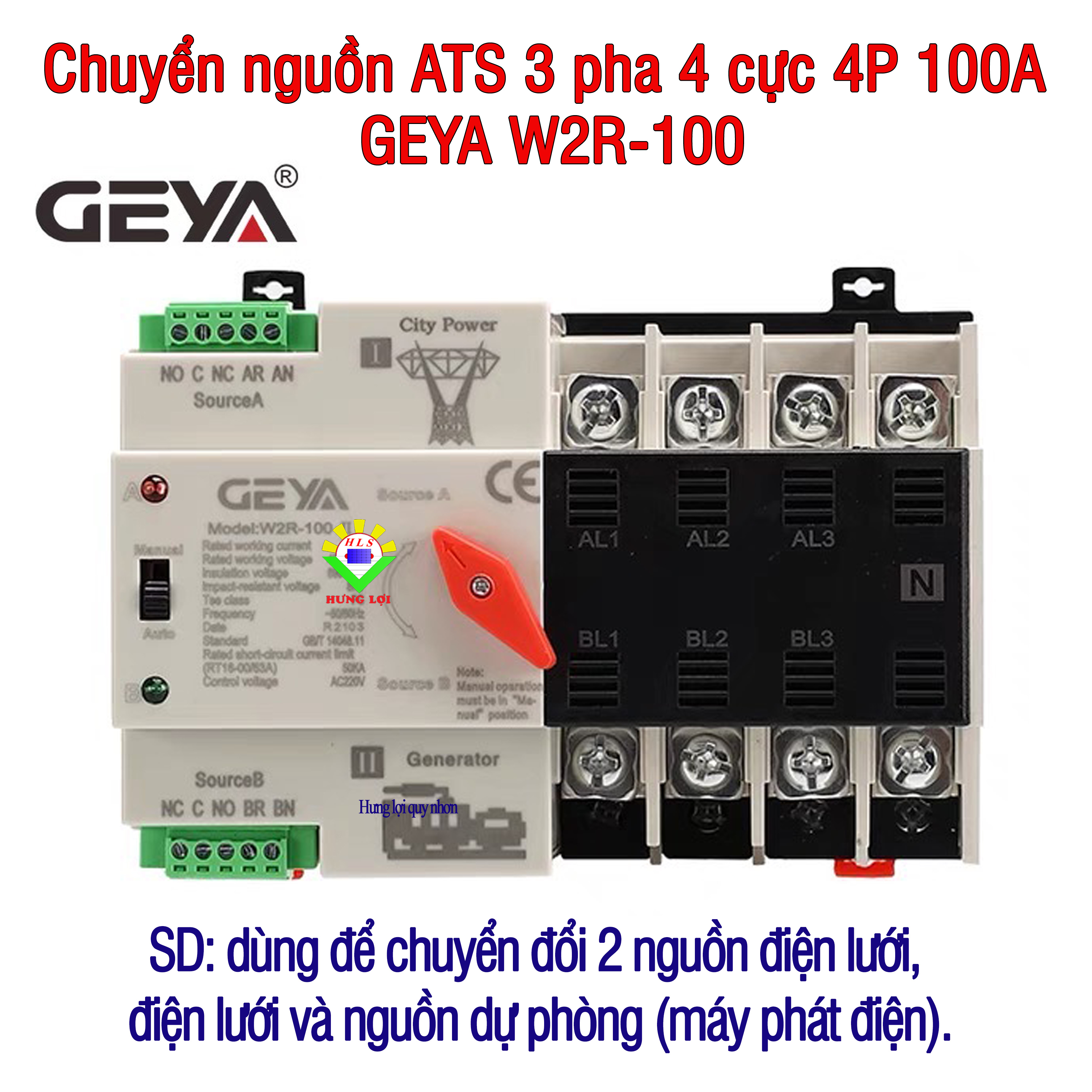 Chuyển nguồn ats 3 pha 4 cực 4p 100a geya w2r-100
