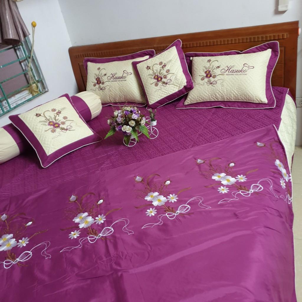 Combo chăn ga chần thêu satin 7 món cao cấp Hasuko màu hồng tím