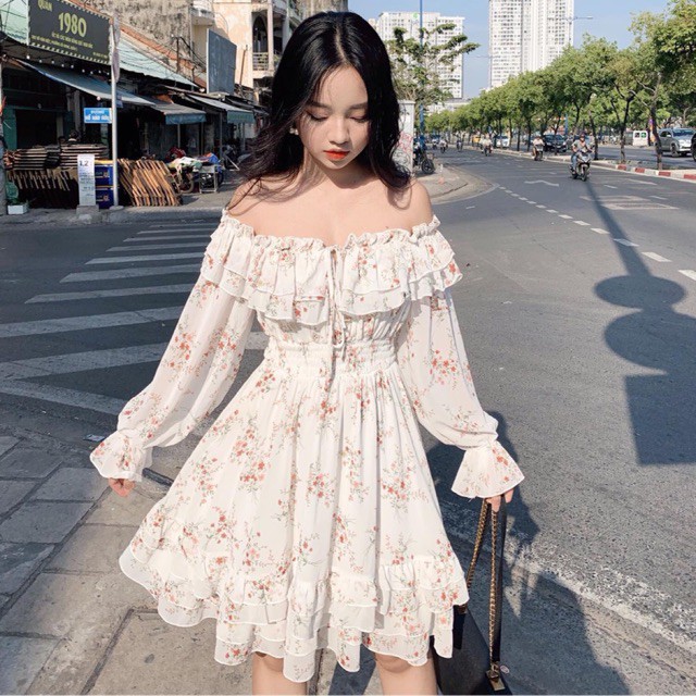 Đầm trễ vai hoa xoè styte ullzang, váy trễ vai hoa nhí bèo tầng kiểu dáng babydoll