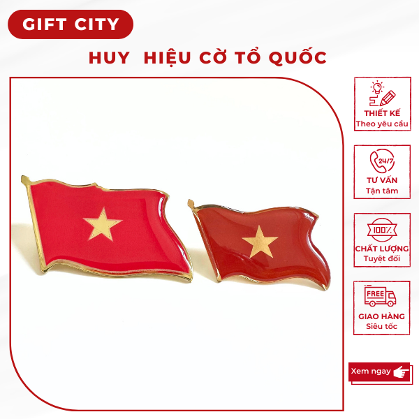Huy hiệu lá cờ tổ quốc bằng đồng mạ vàng 24k