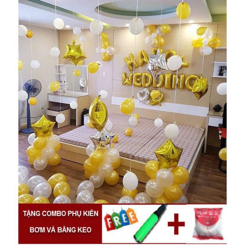 Bóng cưới giá rẻ- set bóng trang trí phòng cưới tông trắng- vàng sang trọng