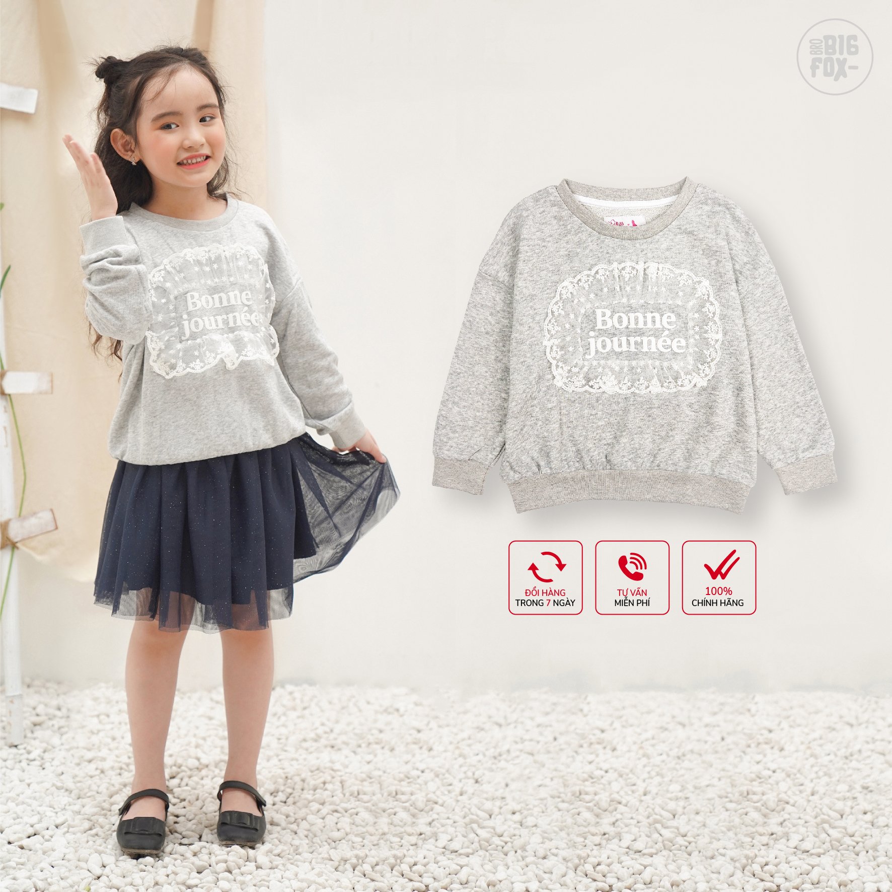 Áo bé gái BIGFOX - MISS MEOW thu đông, áo nỉ cho bé dài tay size đại phối Ren Ngực 11 - 38 kg