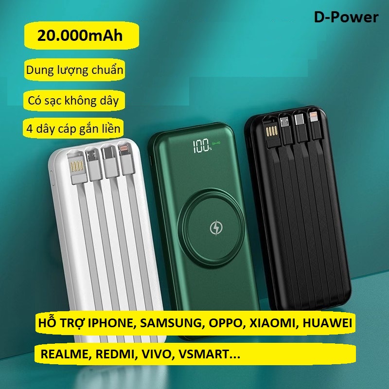Sạc dự phòng 20000 mAh, sạc không dây chuẩn Qi cho IPHONE, SAMSUNG, OPPO, XIAOMI, HUAWEI dây sạc gắn liền Micro, Type C, Lightning tiện dụng