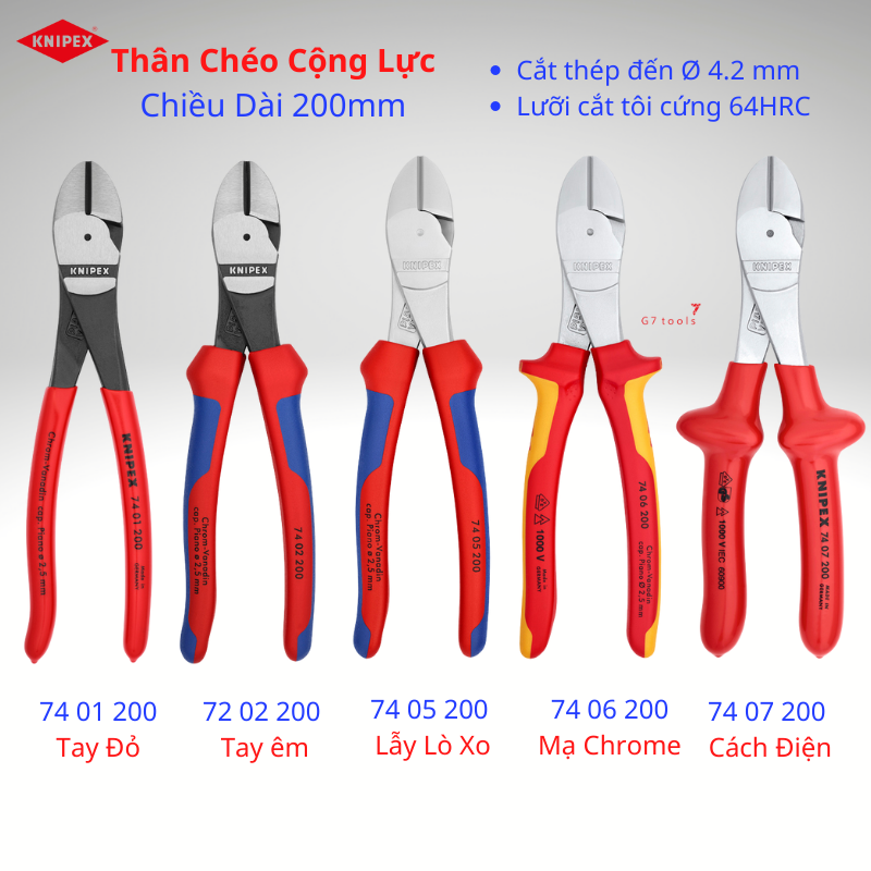 Kìm cắt thân chéo knipex chiều dài 200mm lưỡi cắt tôi cứng 64hrc gồm 74 01 200/ 74 02 200/ 74 05 200/ 74 06 200/ 74 06 200 t/ 74 07 200