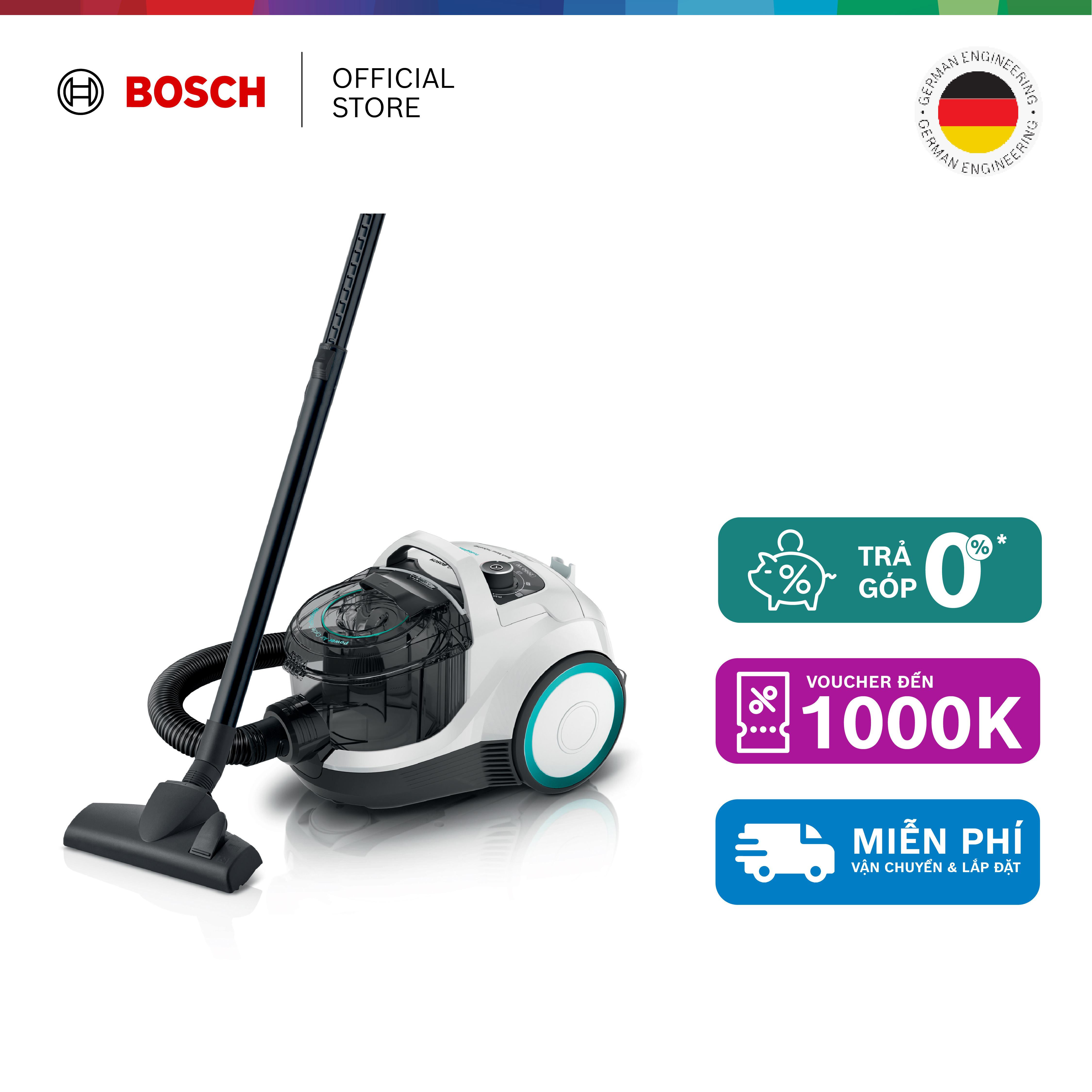 Máy hút bụi có dây Bosch BGS21WHYG - Series 4 2000W trắng - Hàng chính hãng