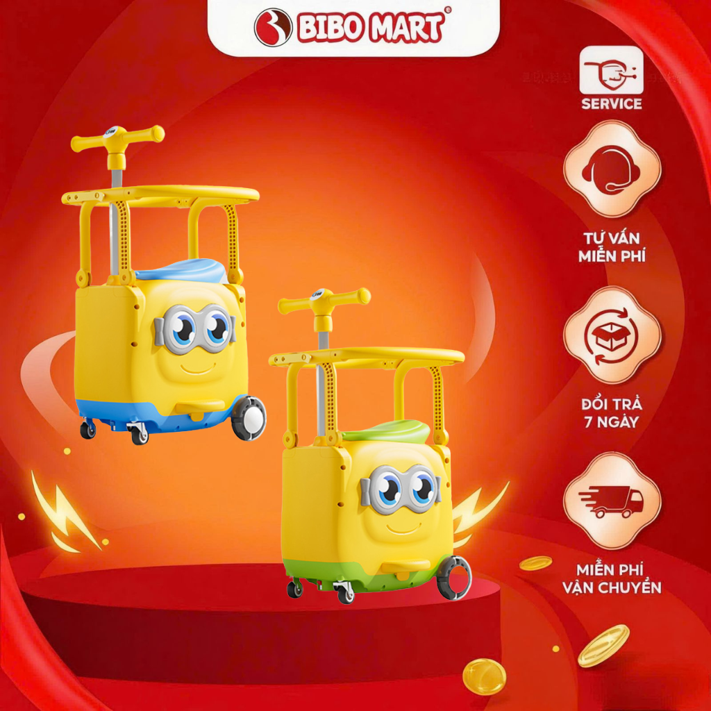 Xe Chòi Chân Đa Năng Cho Bé Kết Hợp Ghế Ngồi Xe Máy- Vali Để Đồ Kéo Tay Hình Minion Dễ Thương - Bibomart