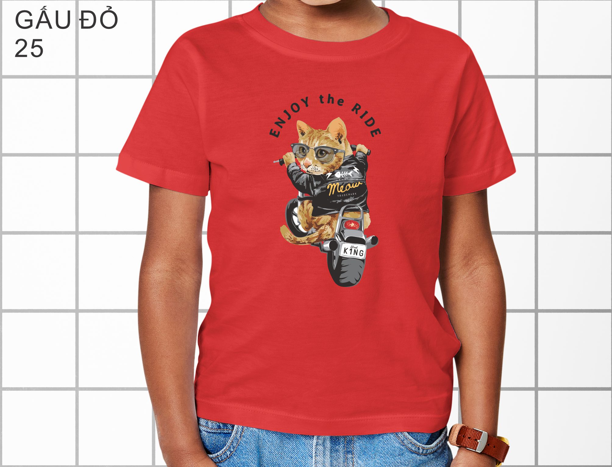 Áo thun cotton cho bé in hình meo lái moto