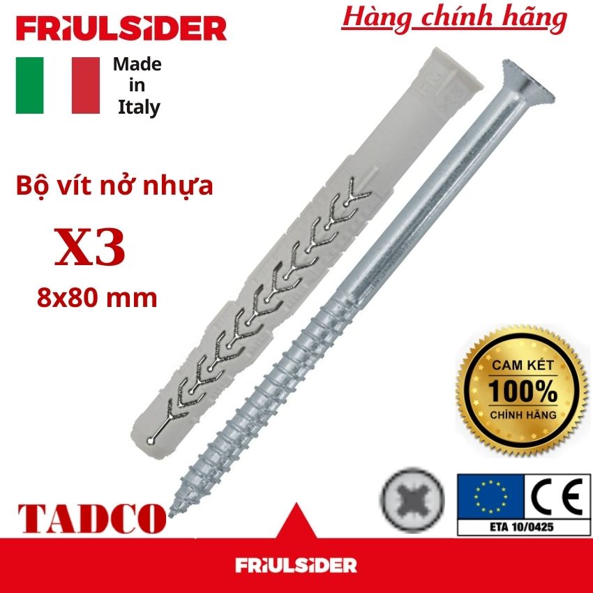 Bộ vít tắc kê nở nhựa ý cao cấp x3 8x80mm friulsider - tắc kê thông minh , chịu tải cao , lắp mặt dựng, khuôn cửa, kệ bàn thờ