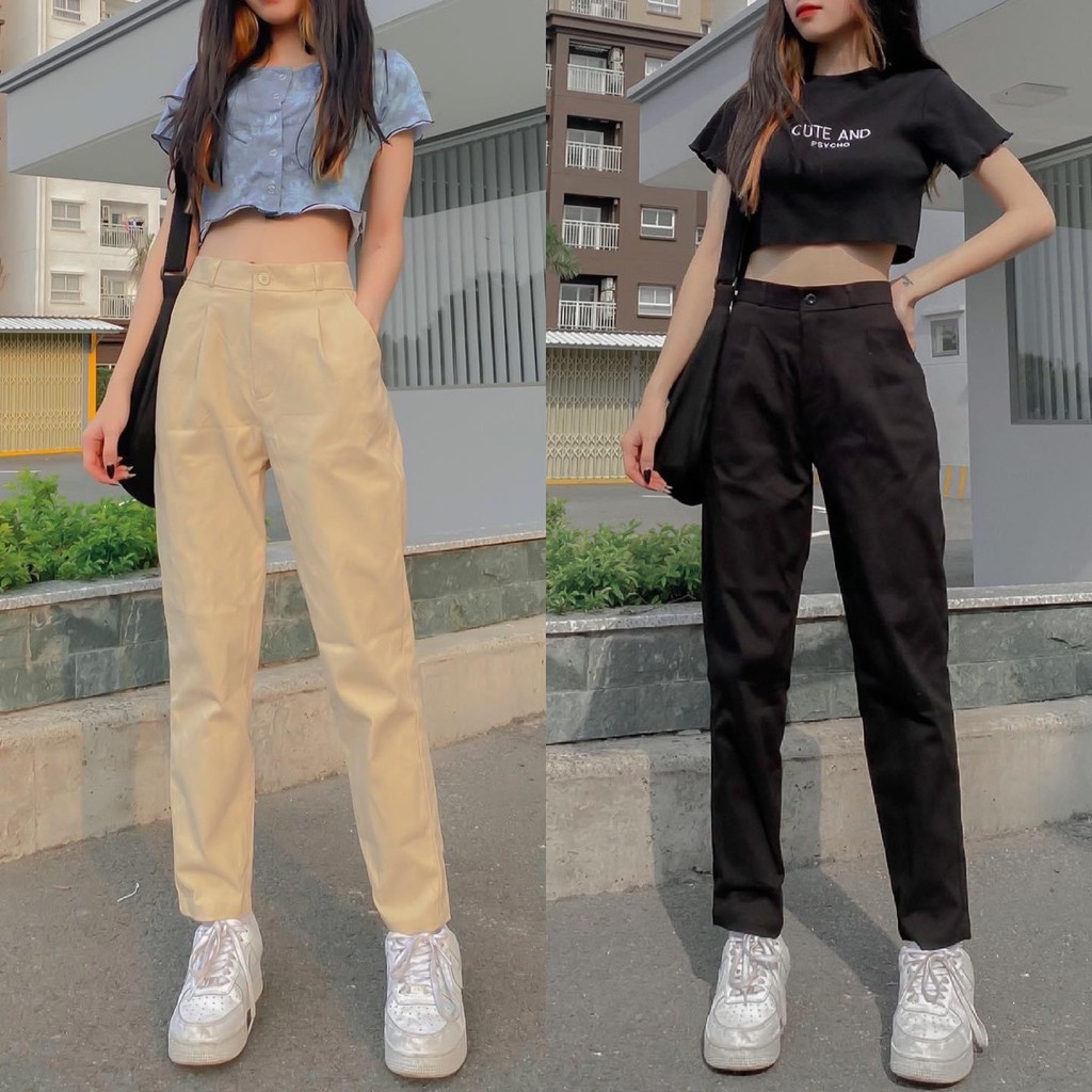 Quần Kaki Nữ lưng tây phối thun ống suông ulzzang (ẢNH THẬT)
