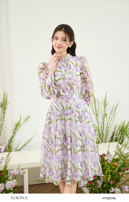 Đầm maxi dài tay chất tơ họa tiết hoa nữ tính yoona - yt12x116