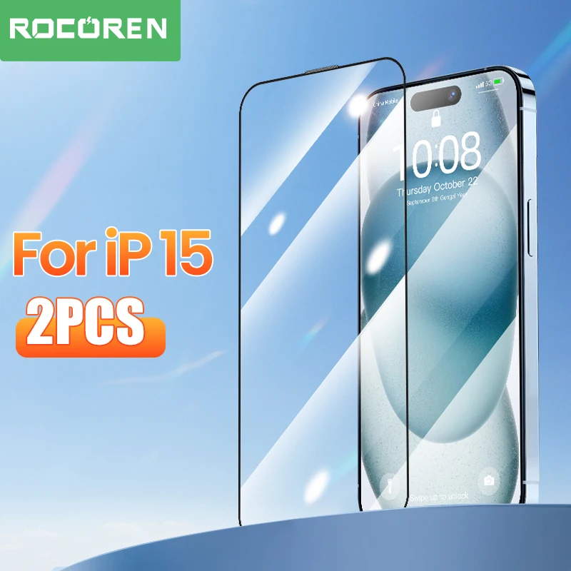 Rocoren 2Pcs 2023 Glass tấm dán bảo vệ màn hình kính cường lực bảo vệ màn hình Đối Với iPhone 15 Pro Max bảo vệ cho iPhone 15 Cộng Với Siêu