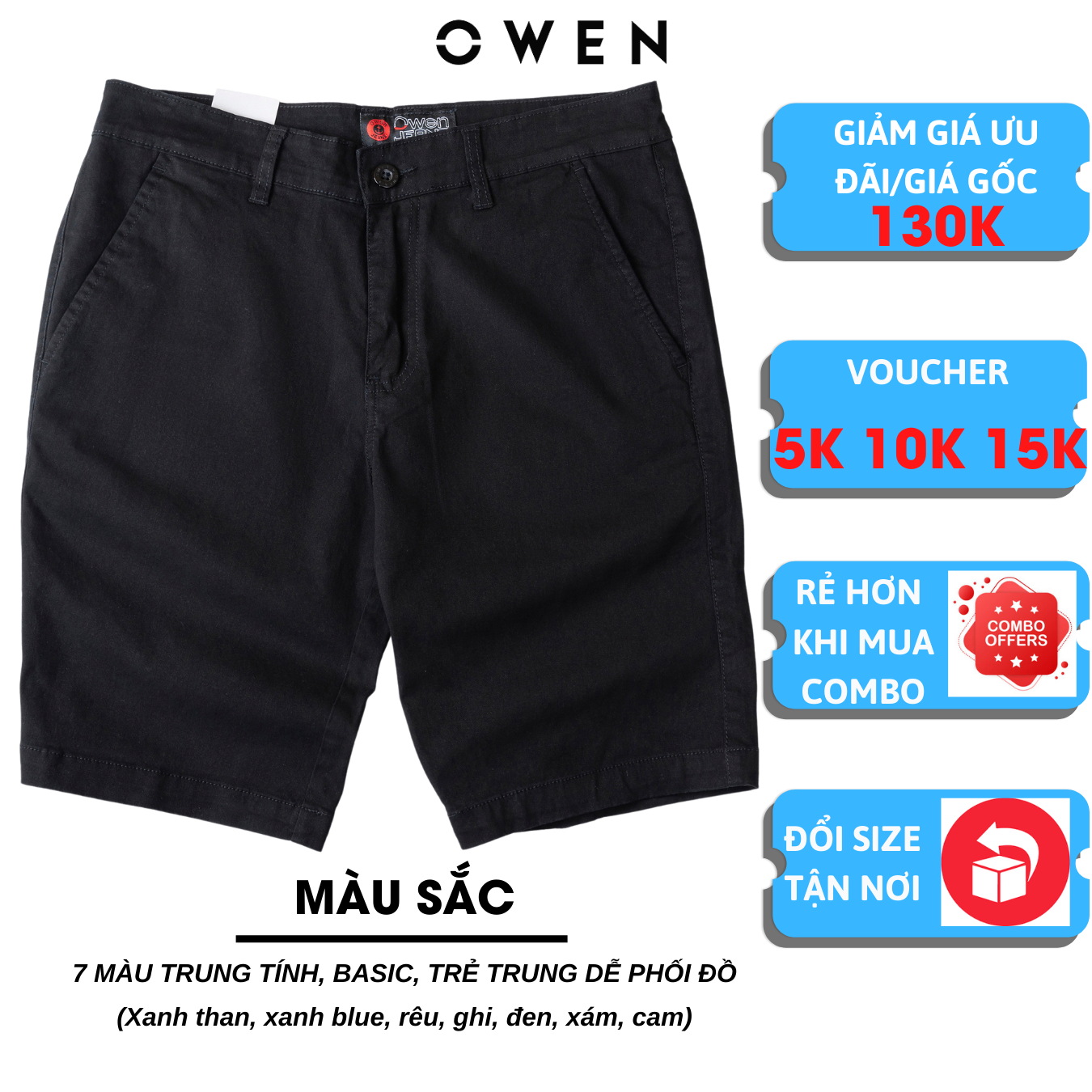 quần short nam OWEN màu đen chất kaki cotton cao cấp co giãn trẻ trung dáng suông slimfit năng động