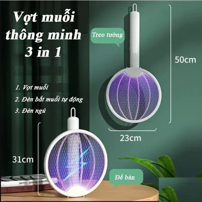 Vợt muỗi thông minh kiêm đèn bắt muỗi tự động 3 Trong 1, công suất lớn lên đến 3000V