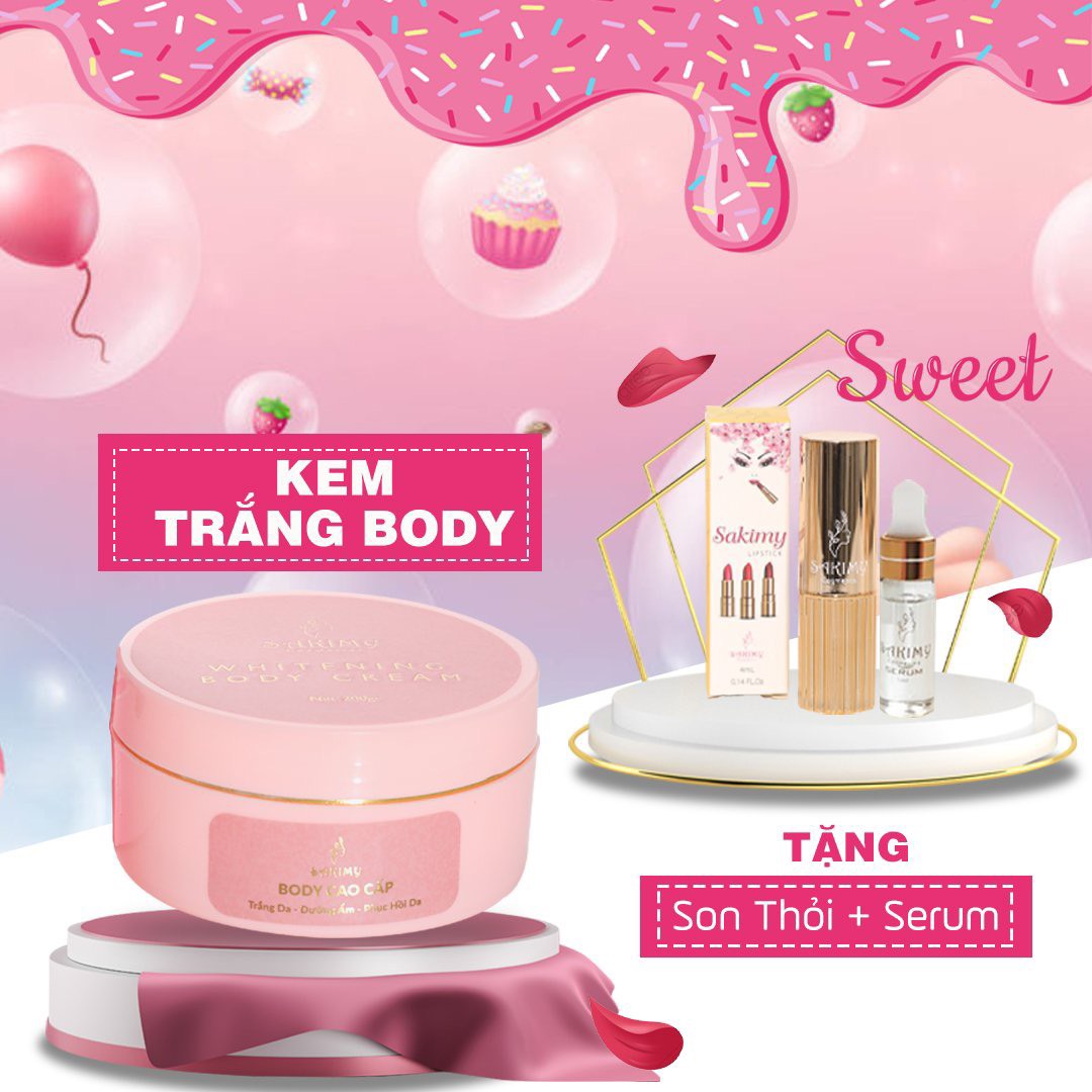 Kem body trắng da Nâng Tông Da Sakimy 200gr tặng 1 chai serum kích trắng kèm quà tặng .