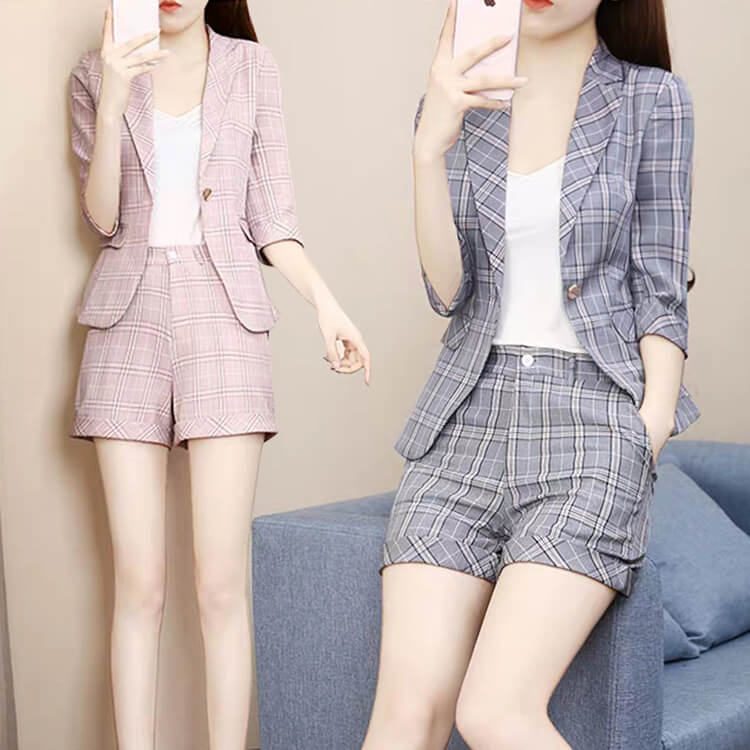 Set bộ vest ba món hoạ tiết caro cao cấp - gk house 16 - bộ vest short caro dành cho nữ phong cách thời thượng