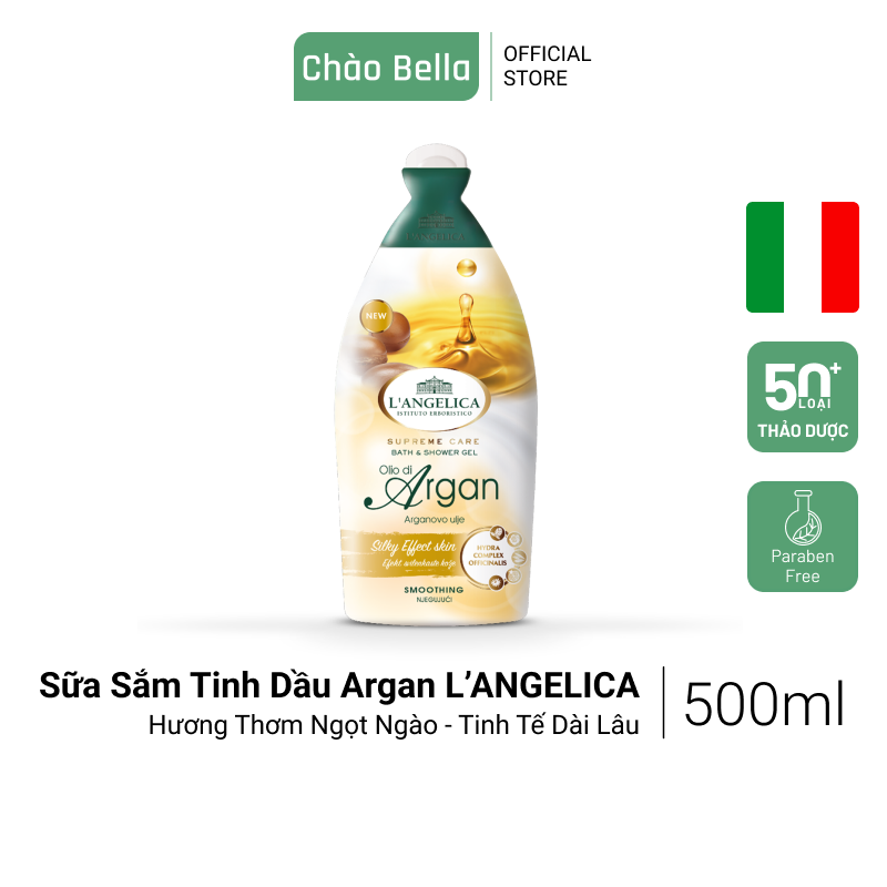 [Nhập Khẩu] Sữa Tắm Thảo Dược Ý L'Angelica (Tinh Chất Dầu Argan) | Trắng Da, Dưỡng Ẩm, Chống Lão Hóa, Lưu Hương Lâu Trên Da (500ml)