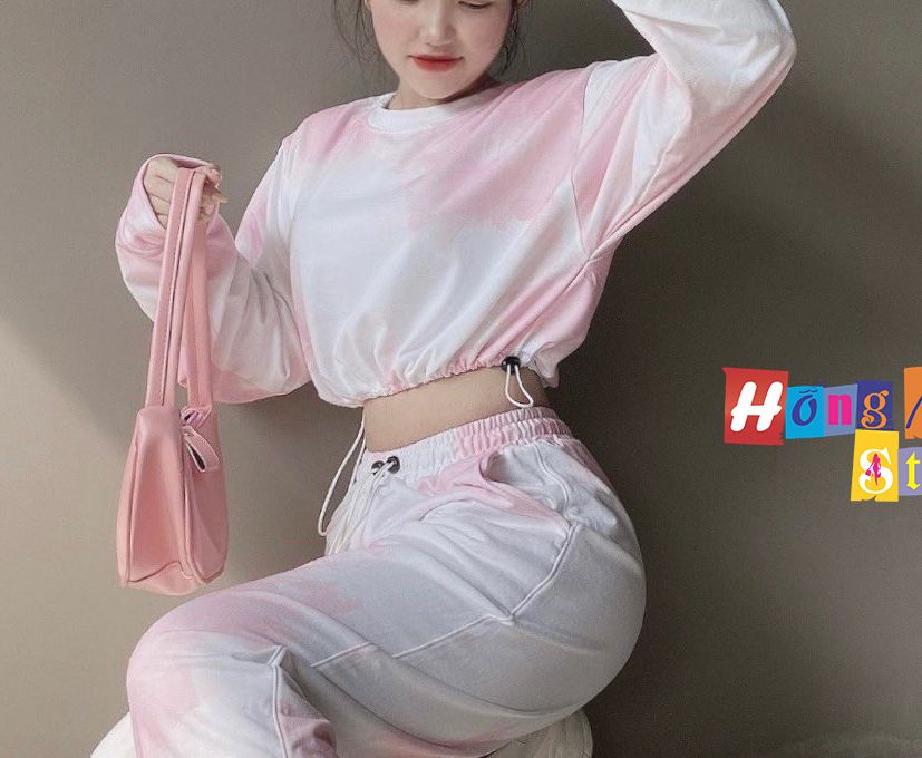 Áo Croptop Loang Màu 3D Ulzzang Rút Dây Tay Dài Dáng Rộng Màu Hồng - MM