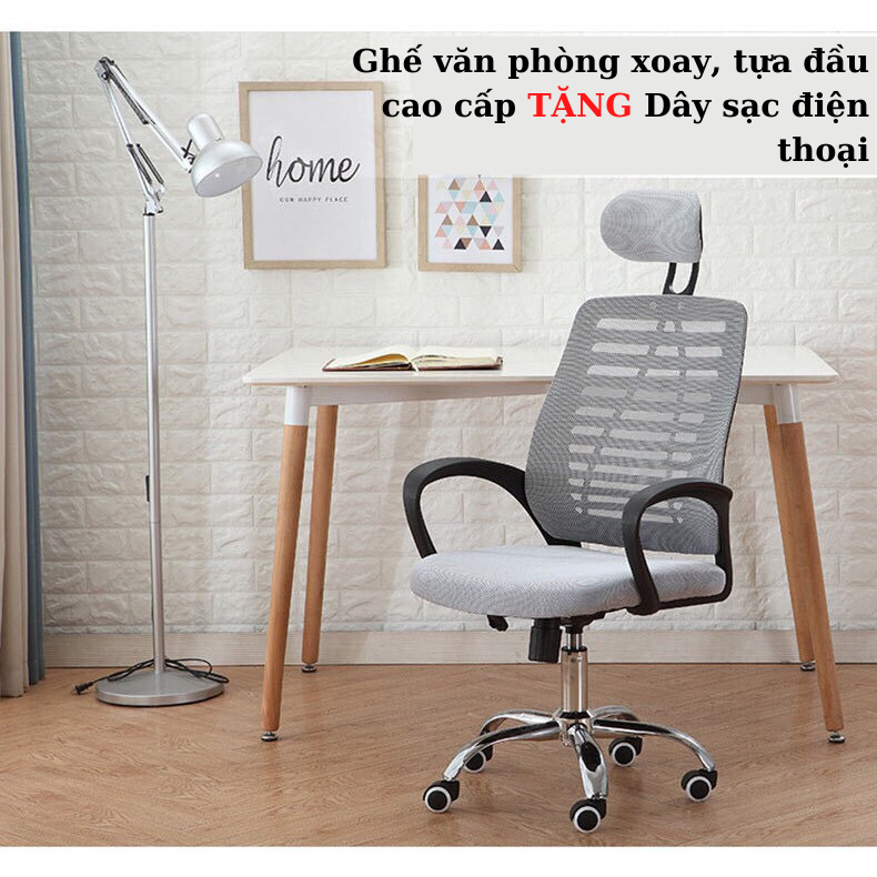 Ghế văn phòng xoay cao cấp, nệm lưới, tựa đầu TẶNG sạc điện thoại