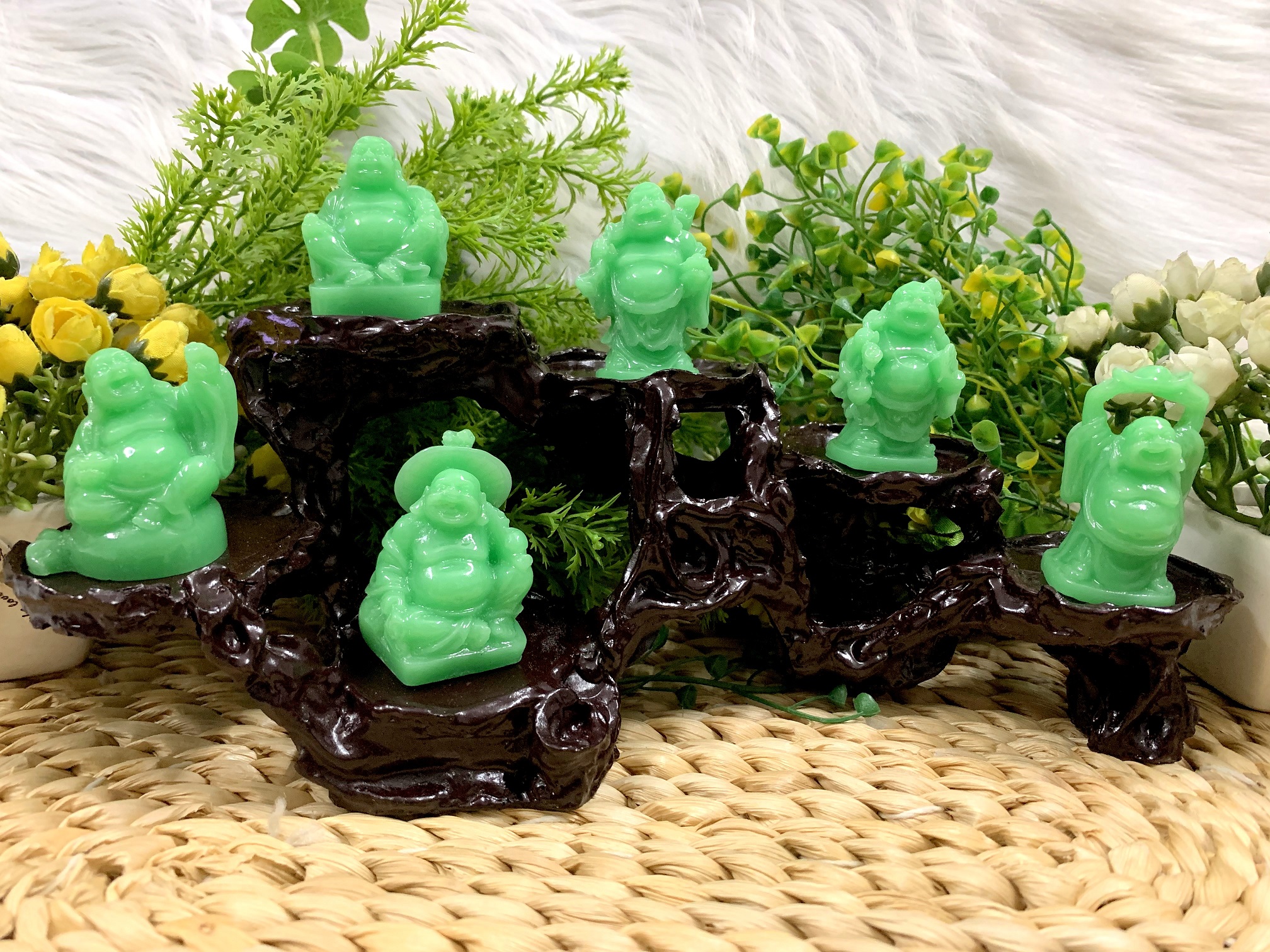 [HCM]Bộ 6 Tượng Bồ Tát Di Lặc Hoan Hỉ Tài Lộc kèm đế tượng 6 chân( Màu Xanh Cẩm Thạch )