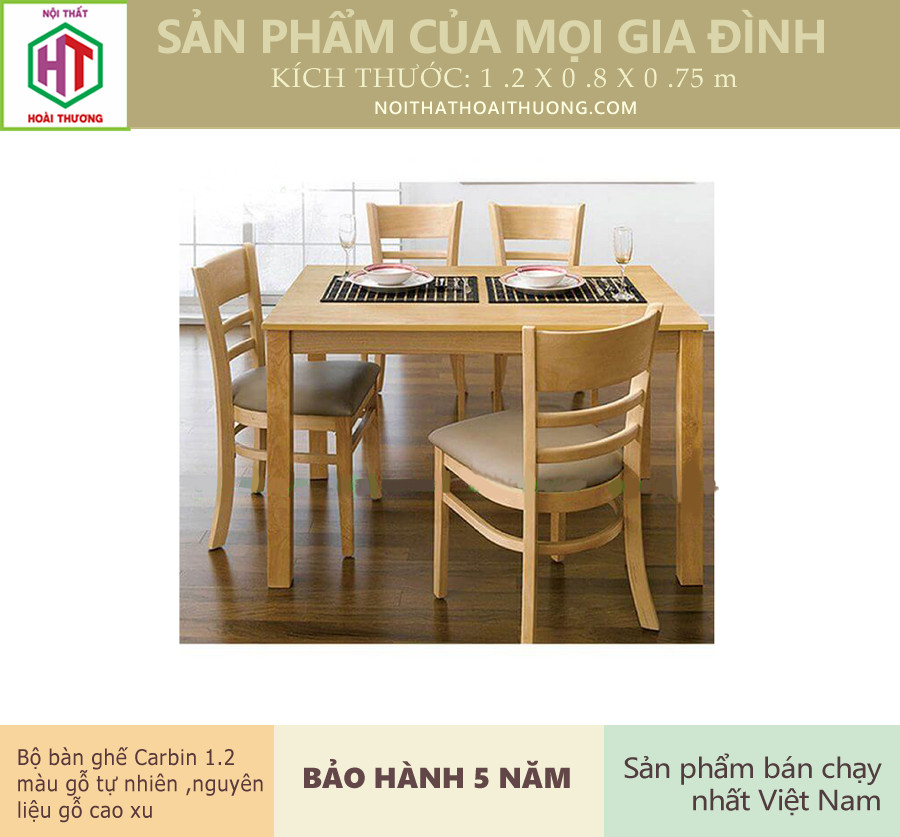 Bô bàn ghế phòng ăn carbin 1.2 m 4 ghế gỗ ht06112cb4g màu gỗ tự nhiên