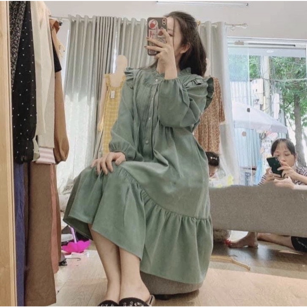 Váy bầu đầm bầu thu đông dài tay, chất nhung tăm, cổ tàu xinh xắn hno2 lin store66