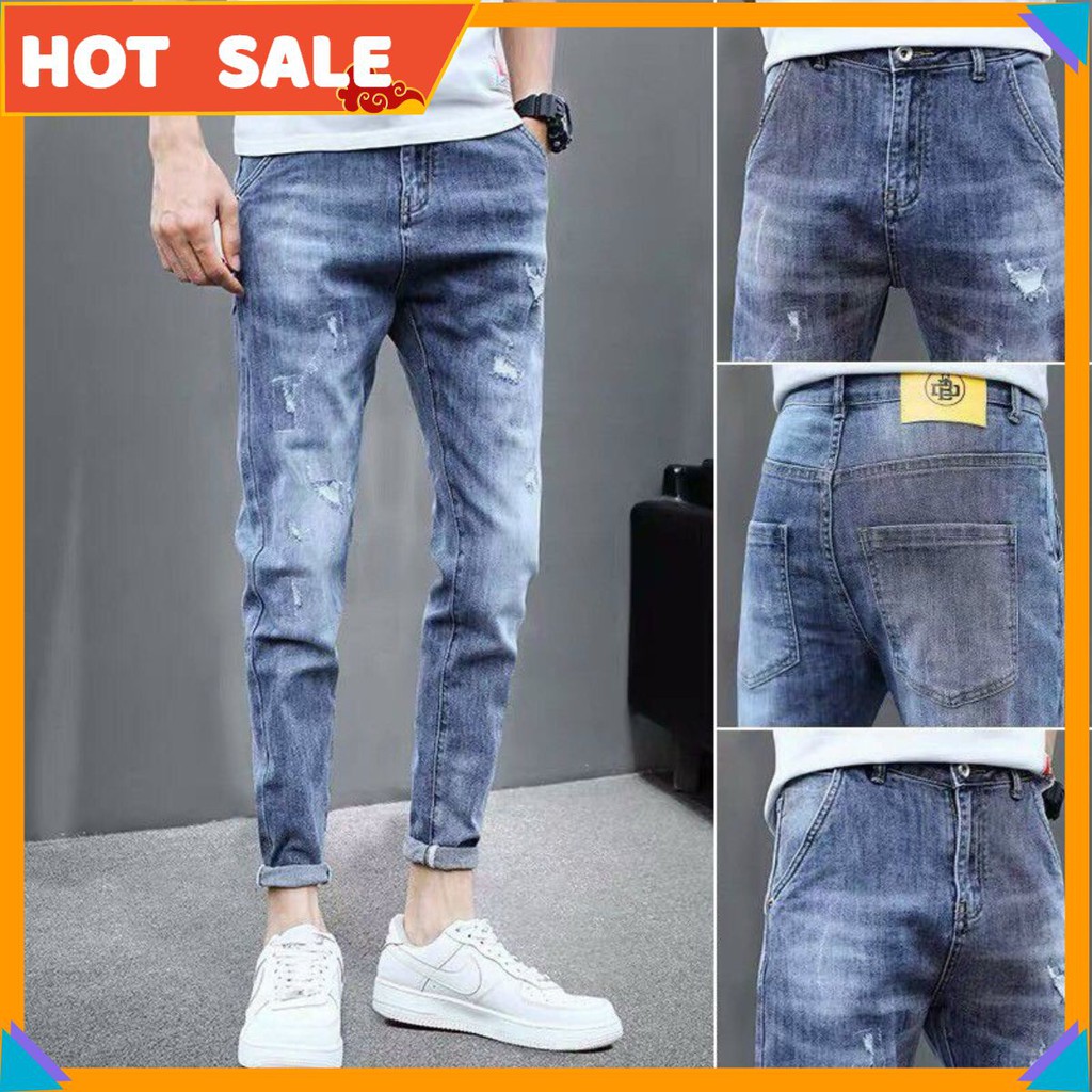 Quần Jean Nam Chất Đẹp Cá Tính Màu Xanh Nhạt Rách Nhẹ Chất Xịn