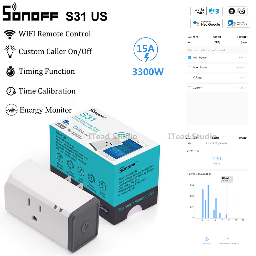 Ổ cắm thông minh Wifi ITEAD SONOFF S31 Không dây Hoa Kỳ Cắm 15A Ổ cắm điện thông minh APP Điều khiển từ xa Hẹn giờ theo dõi nguồn điện, Hoạt động với G ** gle Home, Amazon Alexa, 100-240V AC